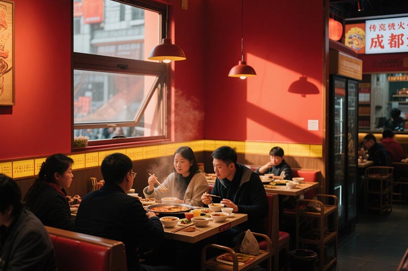 以紅、黃二色為例的川味火鍋店裝修效果圖