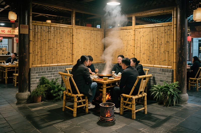 采用竹、木、青磚等傳統(tǒng)材質(zhì)的火鍋店裝修效果圖