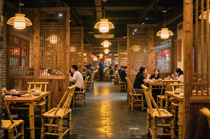 采用竹、木、青磚等傳統(tǒng)材質(zhì)的火鍋店裝修效果圖